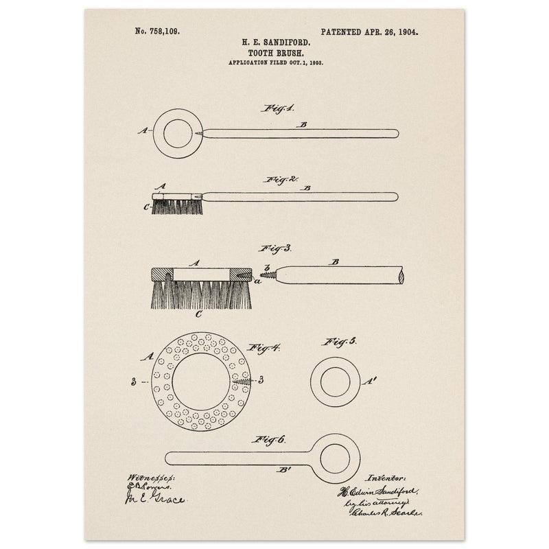 Toothbrush patent illustration by H E Sandiford.