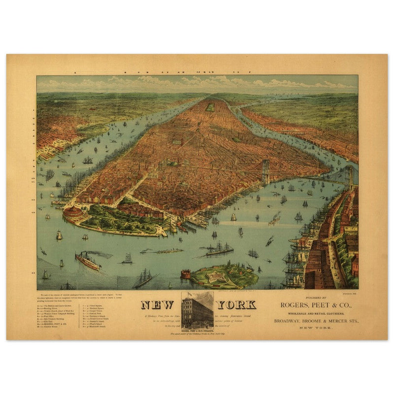 New York City aerial view vintage antique print. Old  with the bird's eye view of Manhattan.