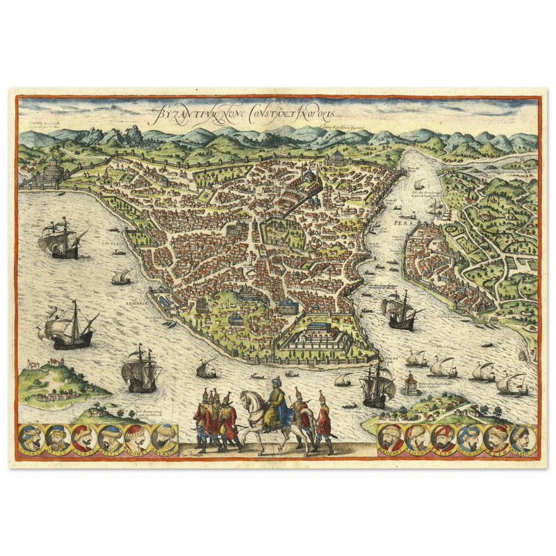 Istanbul ancient map. Byzantium Nunc Constantinopolis by Georg Braun