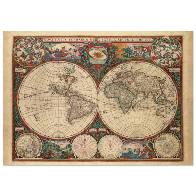 1660 Ancient old world map. Double hemisphere antique map reproduction.