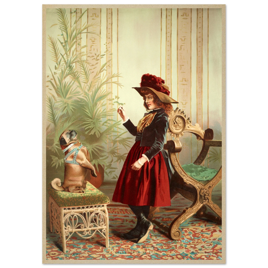 Young girl holding up piece of food in front of begging dog vintage illustration poster 1890