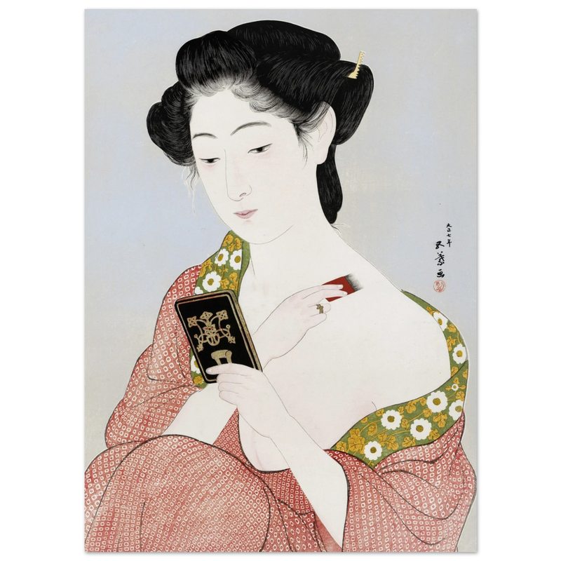 Hashiguchi Goyo woodblock print Make up Japanese woman applying make up and looking at her mirror