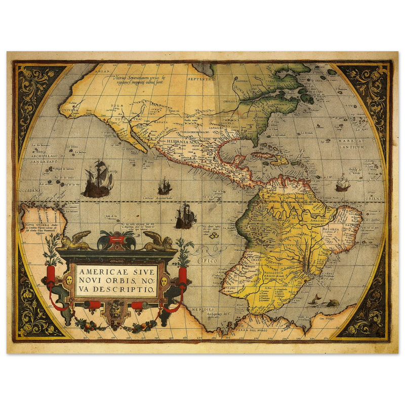 America ancient map. Americae sive novi orbis, nova descriptio by Abraham Ortelius