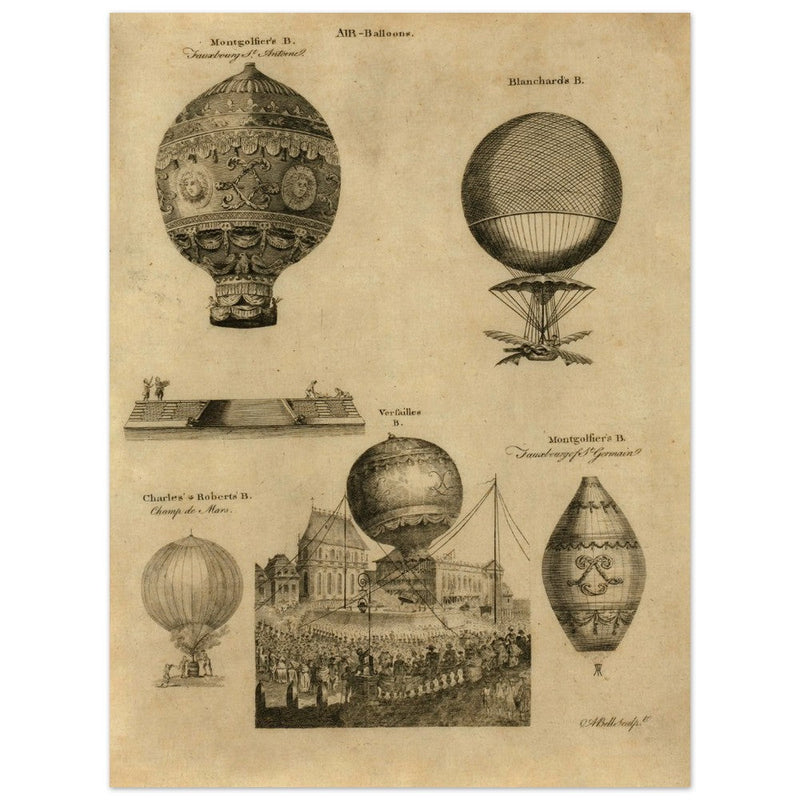 Early balloon ascensions in France. XVIII Century illustration drawing.