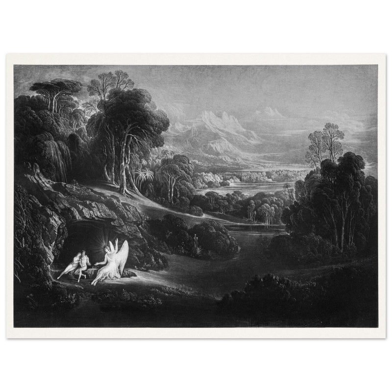 John Martin Paradise Lost vintage mezzoting engraving . Raphael Conversing with Adam and Eve .