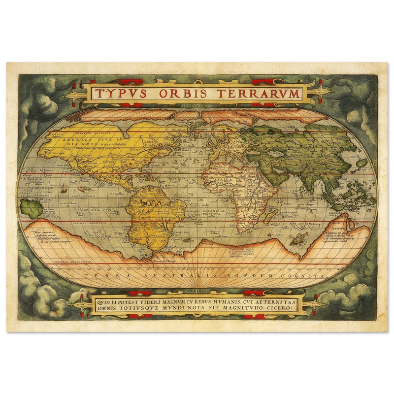 Ancient map reproduction print of a world map of 1579 Typus Orbis Terrarum by Abraham Ortelius.