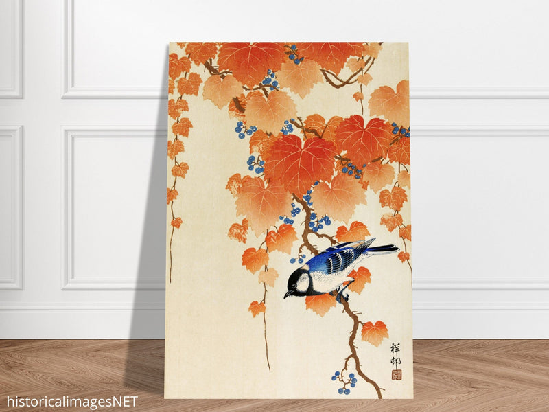 Great tit on paulownia branch by Ohara Koson woodblock print reproduction .