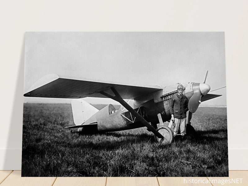 American aviator Roland Rohlfs stands in front of vintage airplane 1920 Fine art