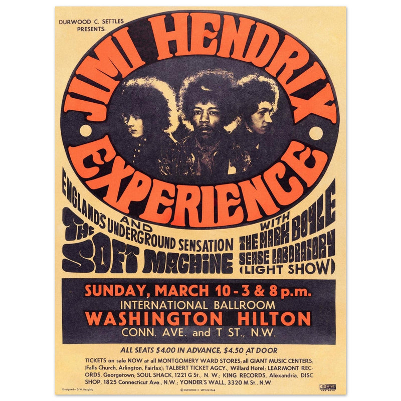 Jimi Hendrix experience vintage music poster . Washington Hilton performance in 1968.