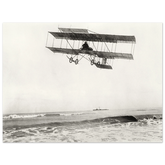 Vintage aircraft M. Van den Born flying above the sea Old photograph reproduction.