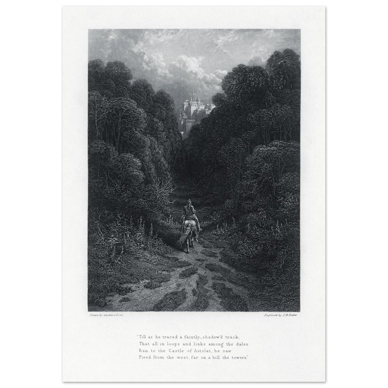 Gustave Dore illustration of King Arthur legend .Lancelot approaching the Castle of Astolat, Idylls of the King by Alfred Tennyson.