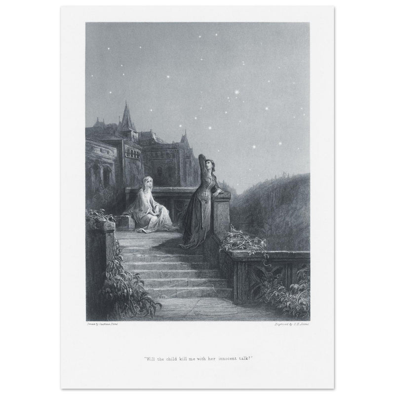 Gustave Dore illustration of King Arthur legend . Terrace scene with Guinevere. From the book Idylls of the King by Alfred Tennyson.