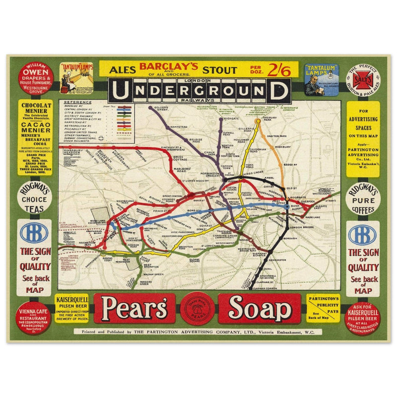 London Undergroud routes city map 1908.