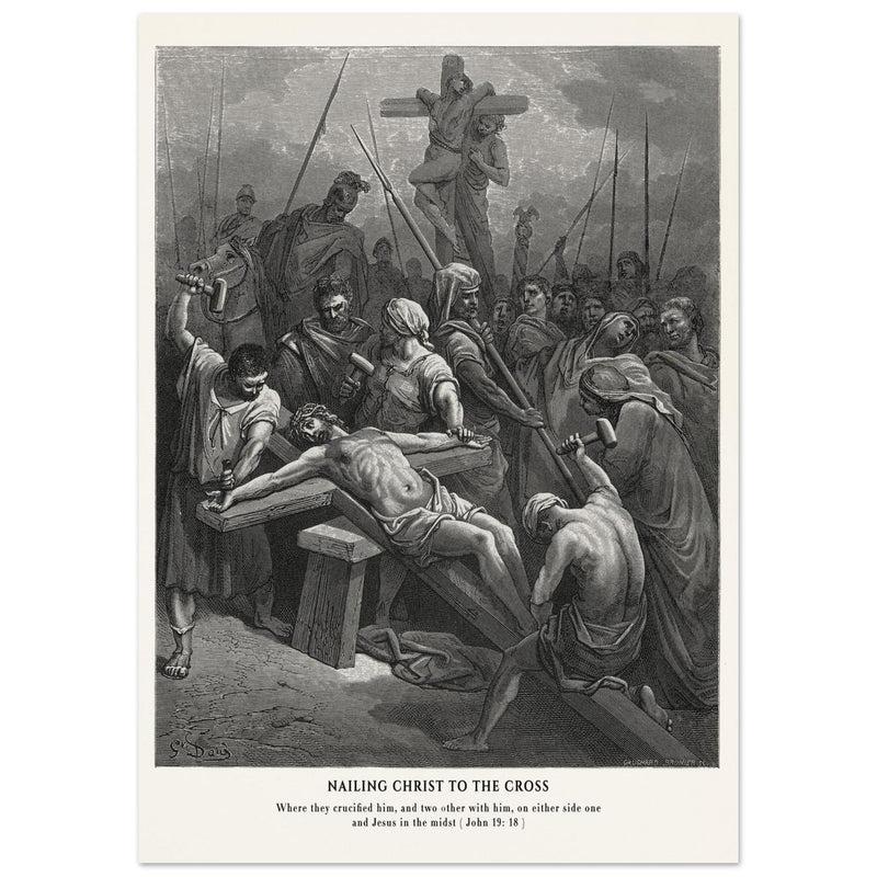 Gustave Dore The Bible engraving print . Nailing Christ to the cross illustration .