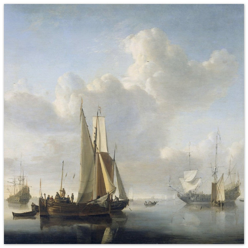 Willem van de Velde Ships before the coast. Marine landscape painting.