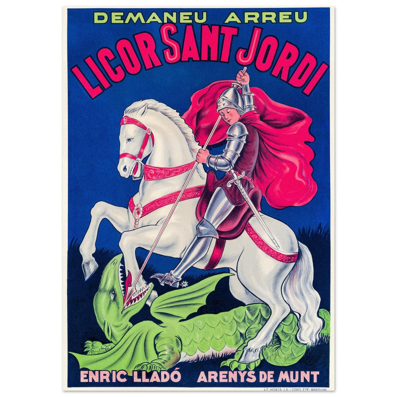 Saint George killing the dragon vintage liquor poster Enric Llado .