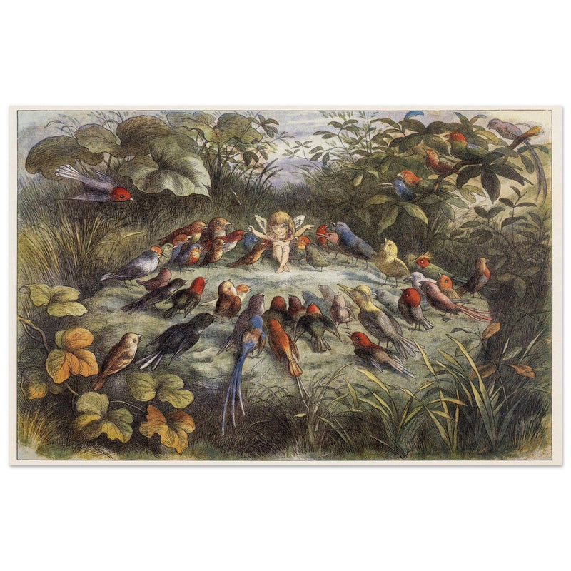 Richard Doyle illustration for Fairyland book. Elf teaching the young birds to sing