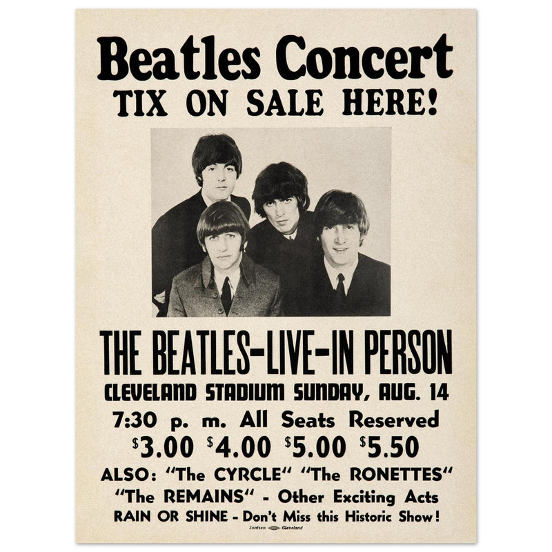 The Beatles music poster. Performance in Cleveland Ohio stadium in 1966.