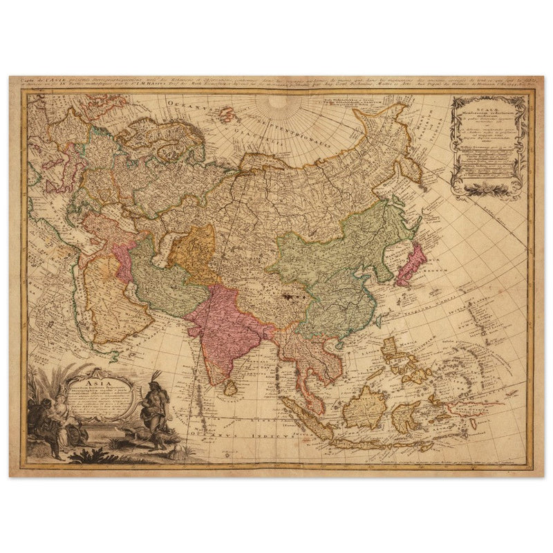 Ancient vintage map of Asia. Beautiful  from an antique asian map of the XVIII century. Art print.