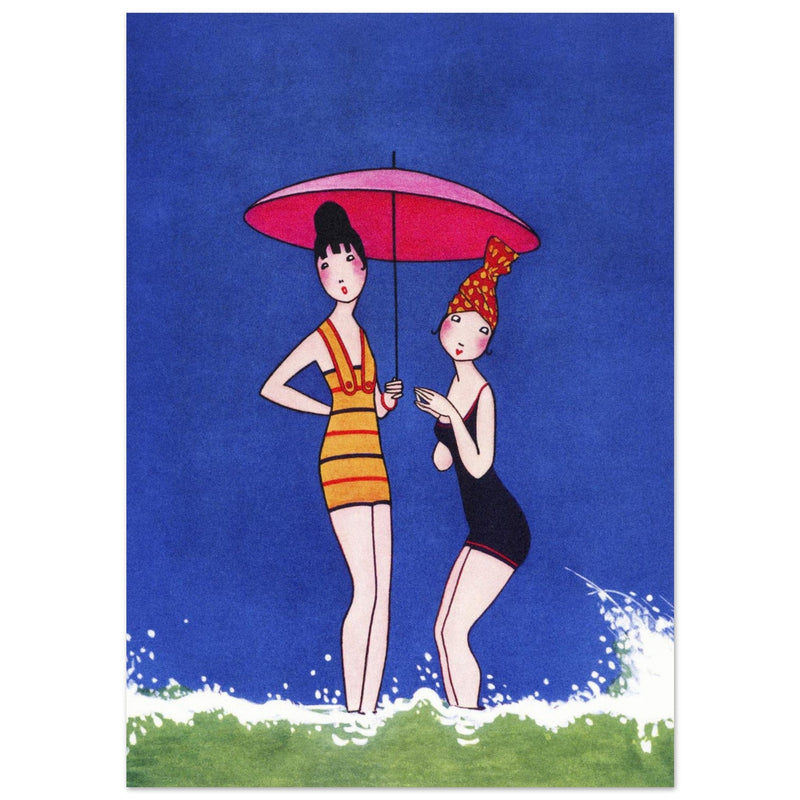 Anne Harriet Fish illustration for a cover magazine. Two women in bathing suit at the beach.