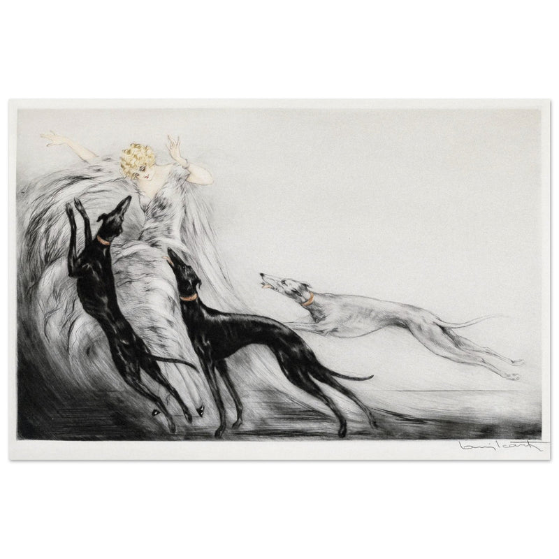 Louis Icart Coursing II - Young Woman with Greyhounds