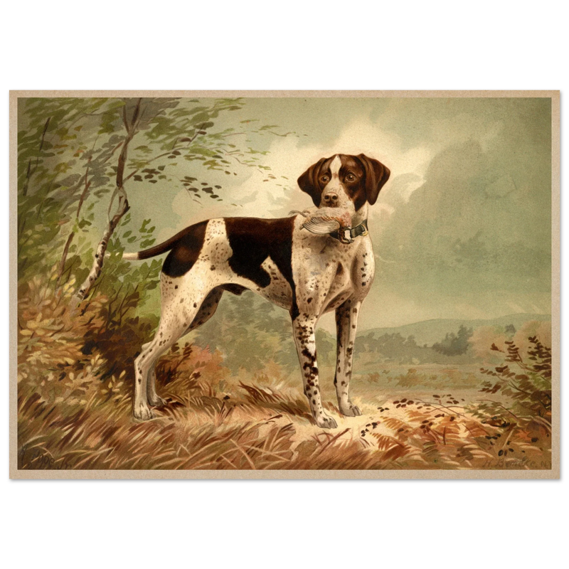 Hunting dog vintage painting poster with partridge in mouth