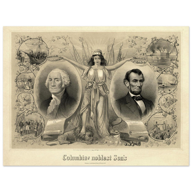 Abraham Lincoln and George Washington. Columbia's noblest sons engraving