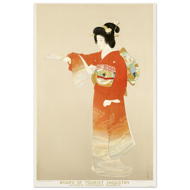 Japan vintage travel advertising poster. Japanese woman print in traditional clothing