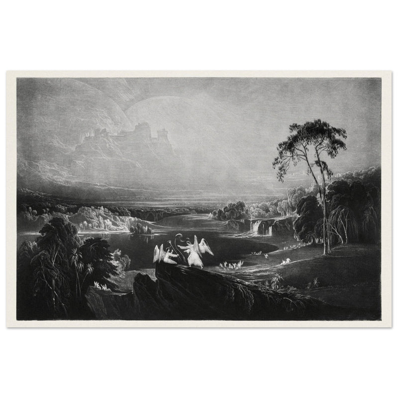John Martin Paradise Lost Heaven – the Rivers of Bliss. Vintage mezzotint engraving .