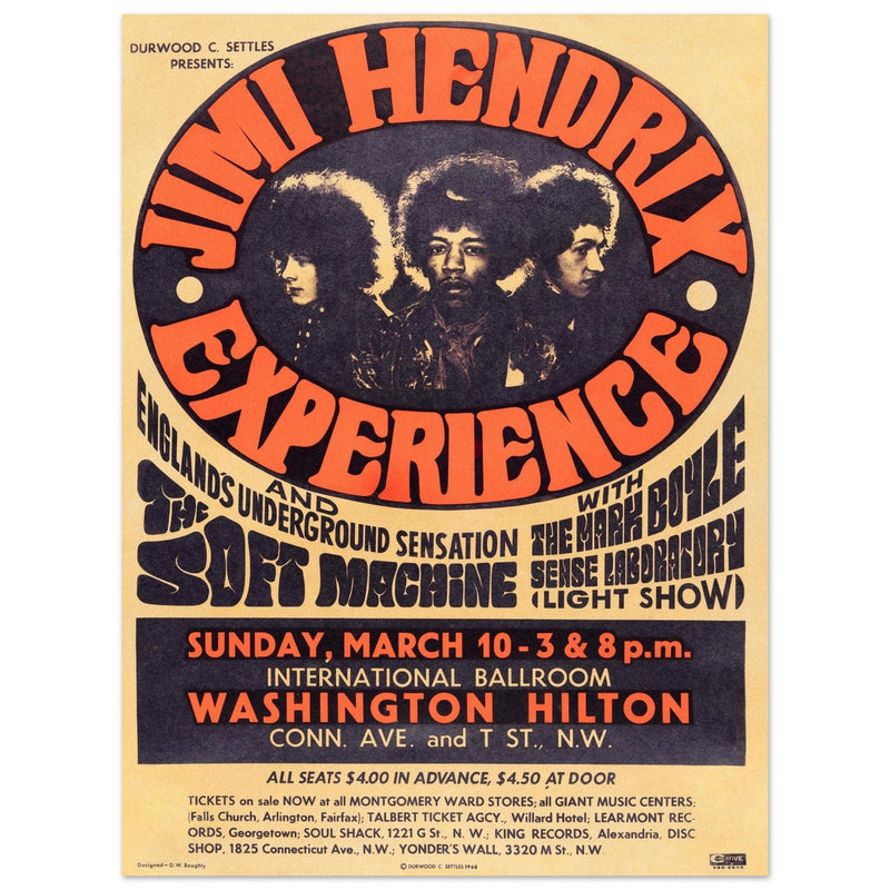 Jimi Hendrix experience vintage music poster . Washington Hilton performance in 1968.