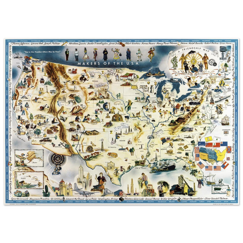 Makers of the U.S.A. A Friendship Map by Louise E. Jefferson. Pictorial map of the United States of America.