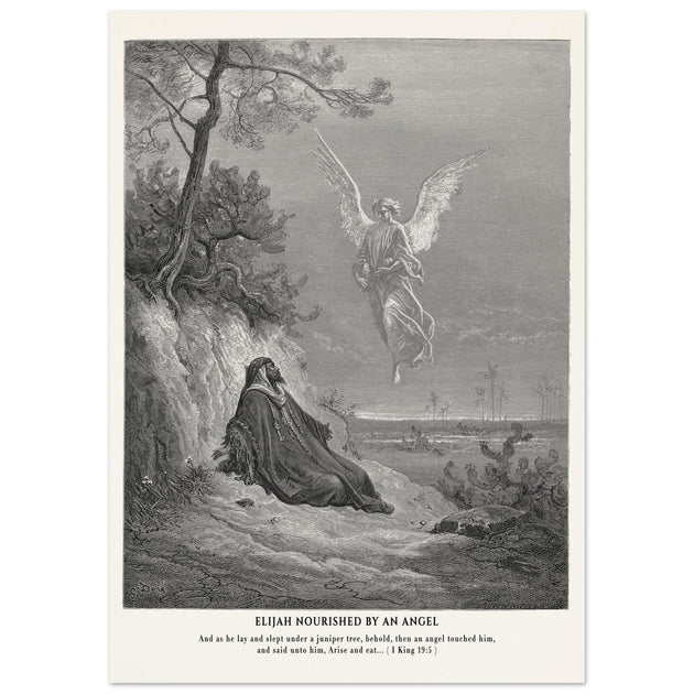 Gustave Dore The Bible engraving print . Elijah nourished by an angel illustration .