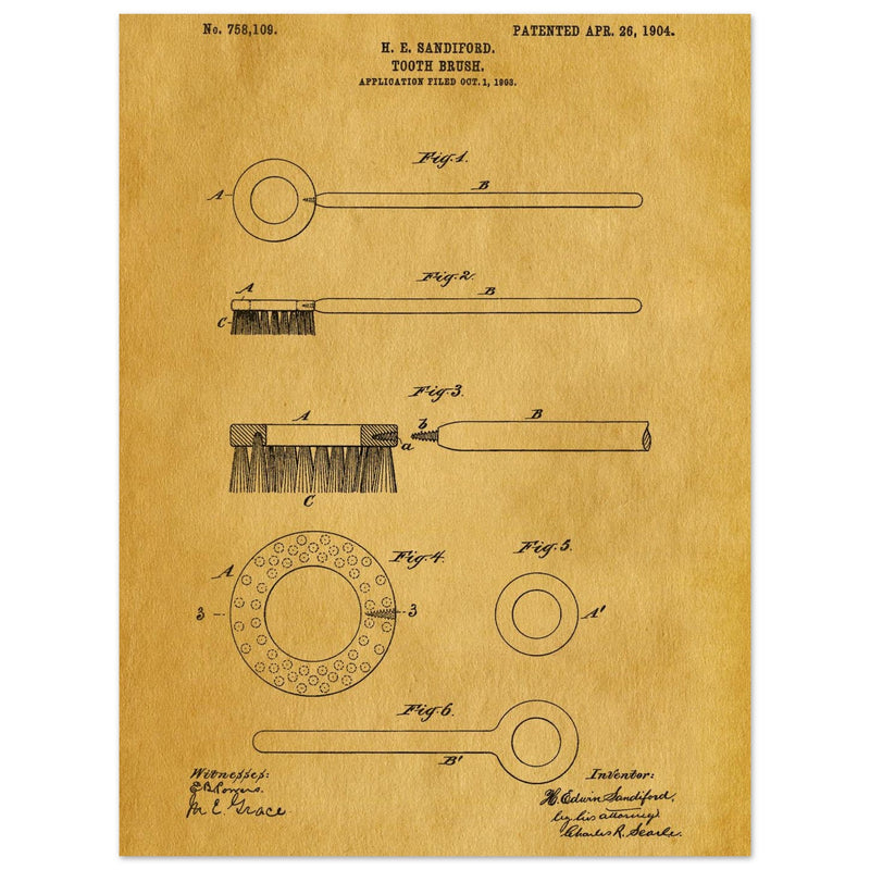 Toothbrush patent illustration by H E Sandiford.