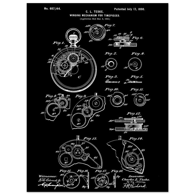 Winding Mechanism for Time Pieces, vintage clock patent .