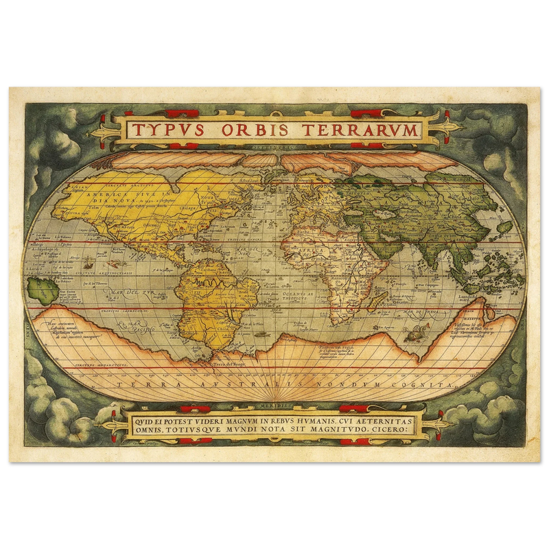 Ancient map reproduction print of a world map of 1579 Typus Orbis Terrarum by Abraham Ortelius.