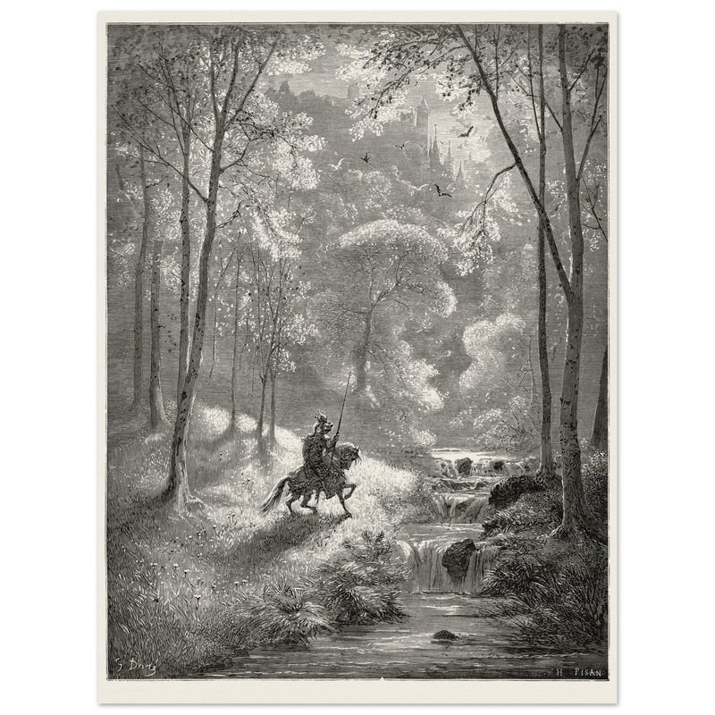Gustave Dore depiction of knight Don Quixote riding in the countryside in one of his adventures.