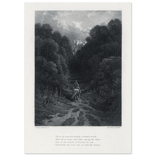 Gustave Dore illustration of King Arthur legend .Lancelot approaching the Castle of Astolat, Idylls of the King by Alfred Tennyson.