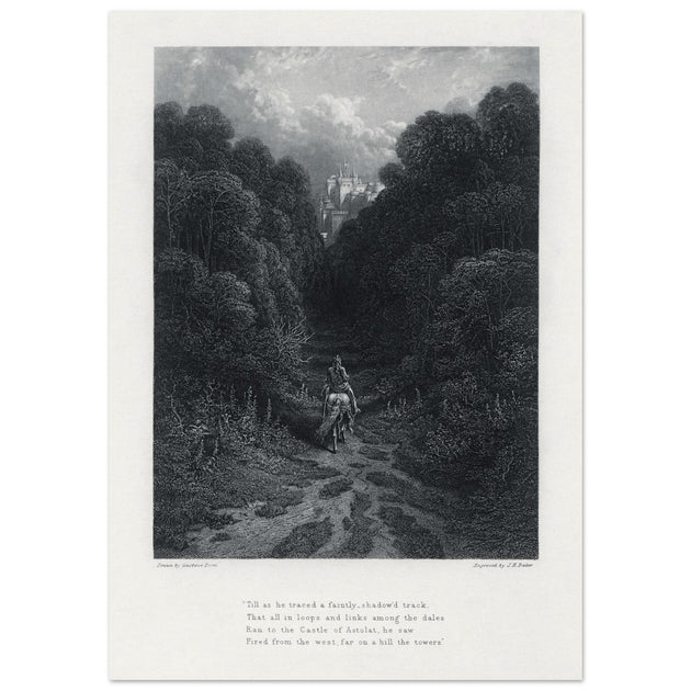 Gustave Dore illustration of King Arthur legend .Lancelot approaching the Castle of Astolat, Idylls of the King by Alfred Tennyson.