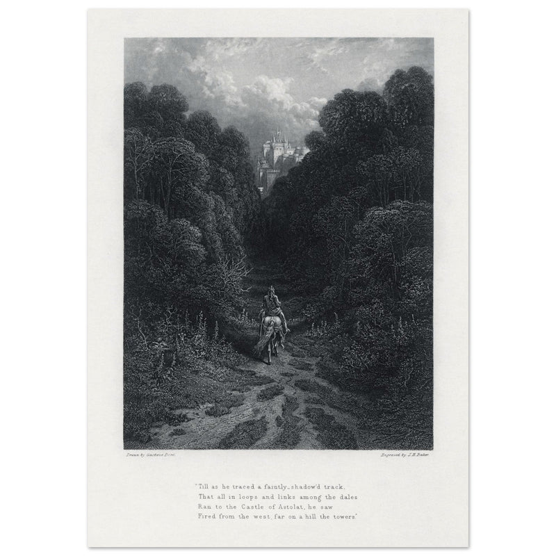 Gustave Dore illustration of King Arthur legend .Lancelot approaching the Castle of Astolat, Idylls of the King by Alfred Tennyson.