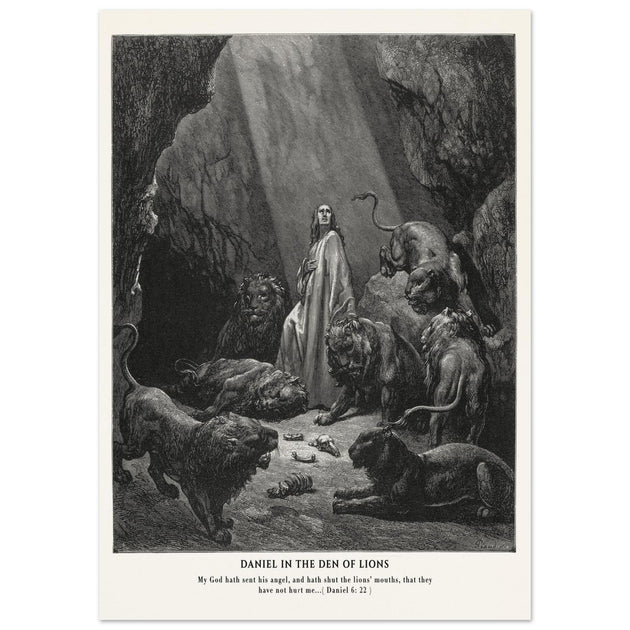 Gustave Dore The Bible engraving print . Daniel in the den of lions illustration .