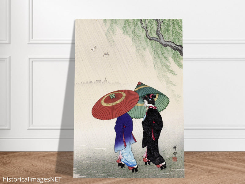 Two women in the rain by Ohara Koson