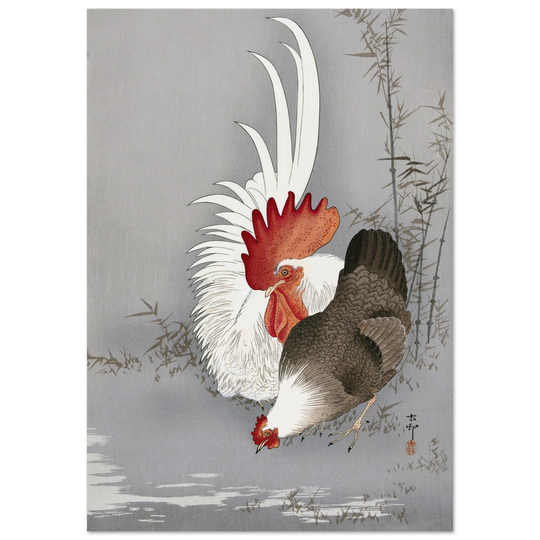 Rooster and chicken by Ohara Koson