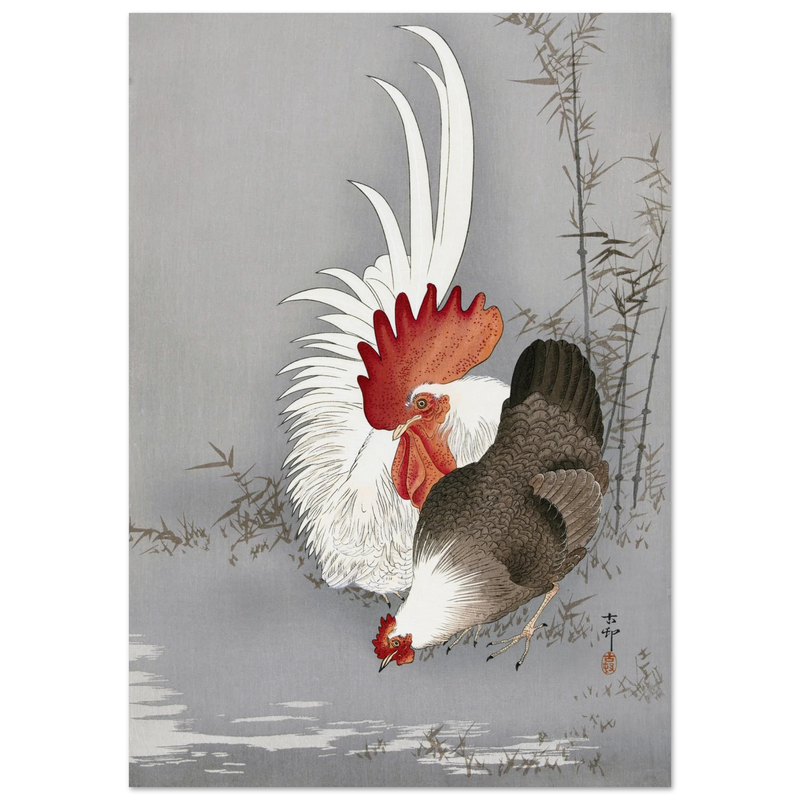Rooster and chicken by Ohara Koson