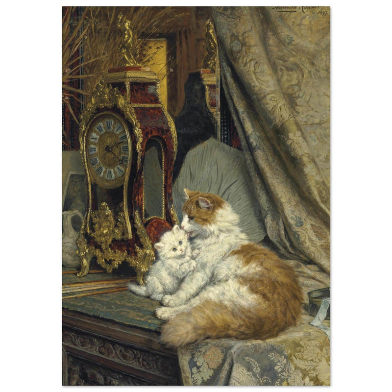 A Mother Cat and her Kitten with a Bracket Clock by Henriette Ronner Knip