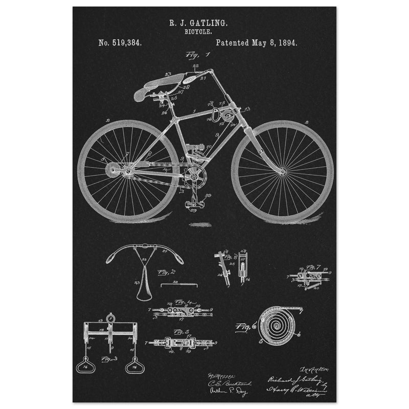 Vintage bicycle patent by Richard J Gatling 1894