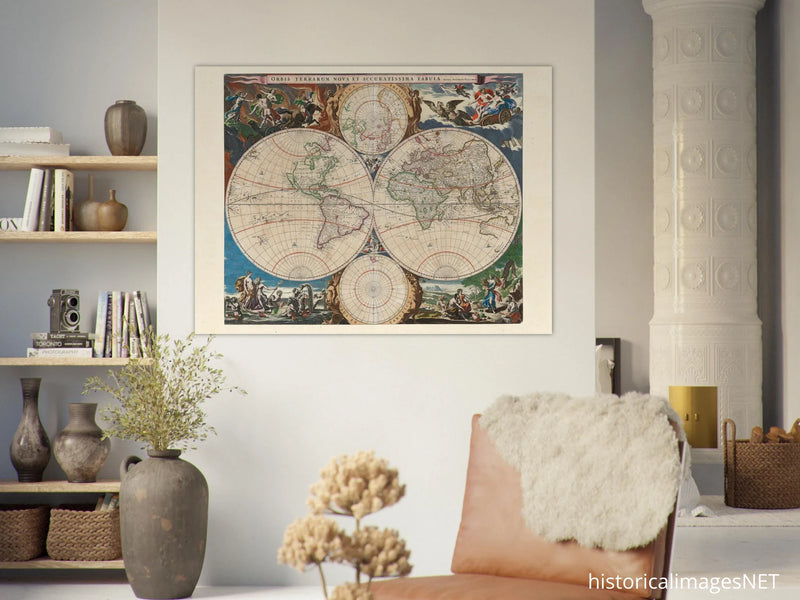 Old world map Orbis Terrarum Nova et Accuratissima Tabula poster by Nicolaes Visscher.
