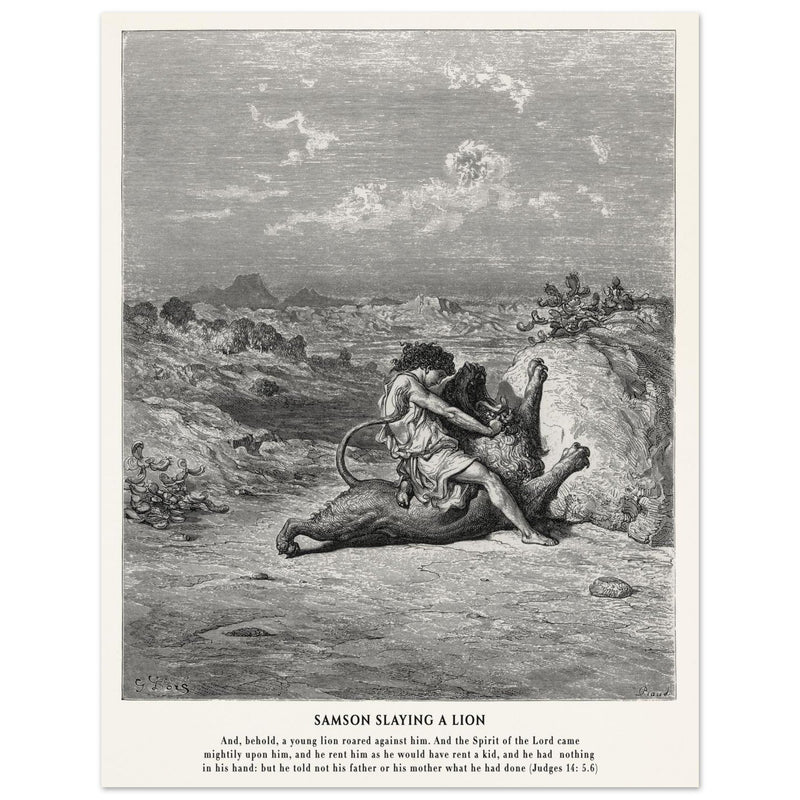 Gustave Dore The Bible engraving print . Samson slaying a lion illustration .