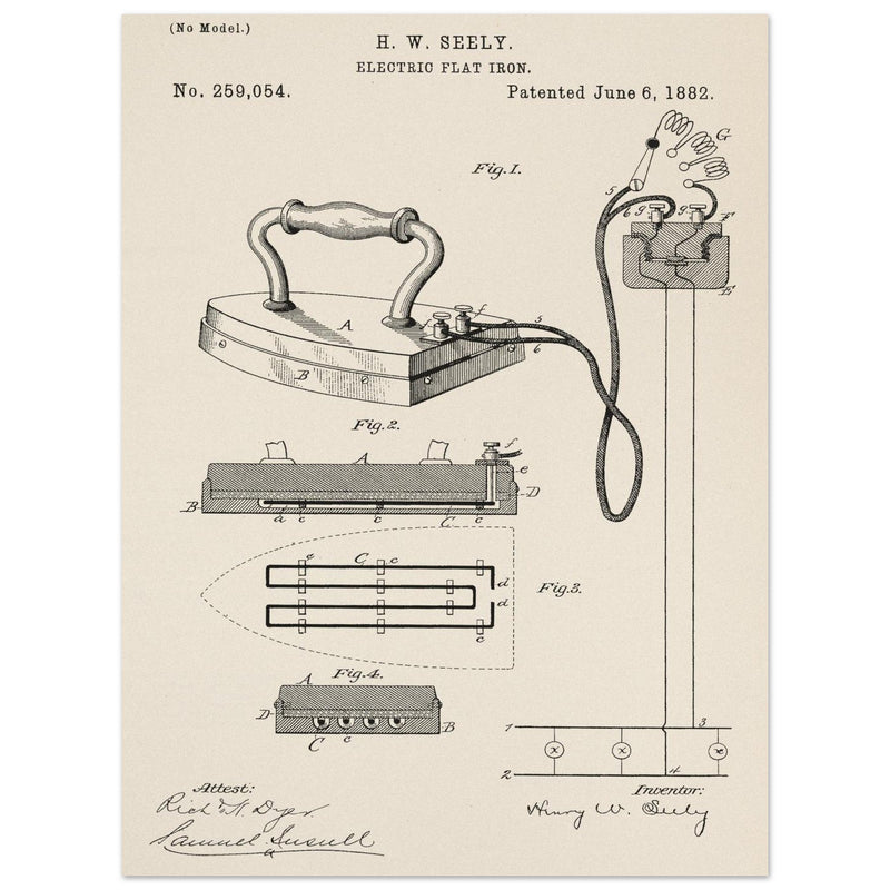 Electric Flat Iron patent by Henry W. Seeley Patent 259.054