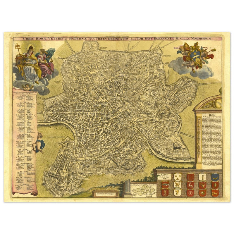Antique city map of Rome in Italy XVIII Century by Johan Baptiste Homann.