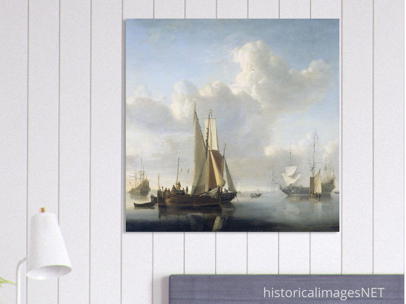 Willem van de Velde Ships before the coast. Marine landscape painting.
